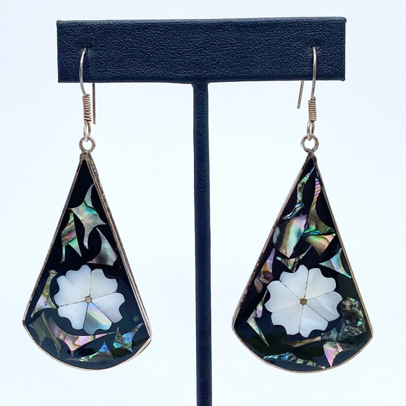 Alpaca Jewelry - Vintage Alpaca Mexico Silver Abalone Mother of Pearl Large Dangle Earrings 3"